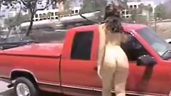 Curvy girl walking nude outdoor in public