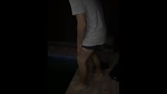 Sexy legged midget guy steps into halal pool