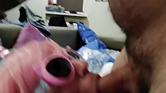 Deepthroat blonde amateur in pink, shiny pantyhose