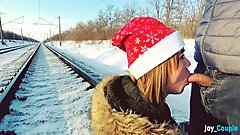 Winter outdoor amateur blowjob on the railway