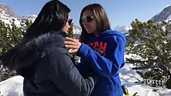 Brunette in Grey Puffy Jacket and Fur hood Lesbian Sex