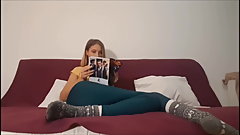 Cute girl farting in leggings and socks